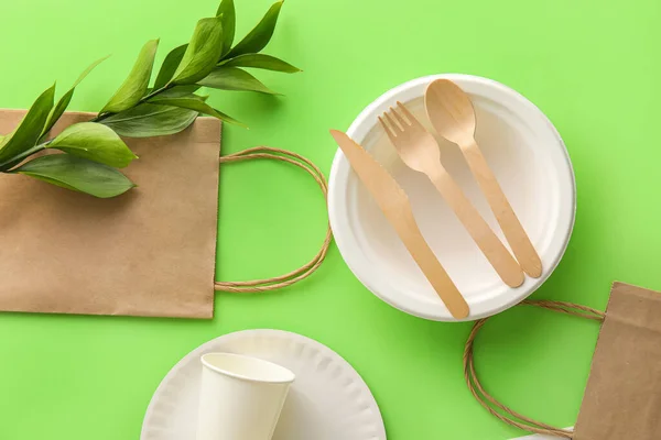 Eco Tableware Paper Bags Plant Branch Green Background — Stock Photo, Image