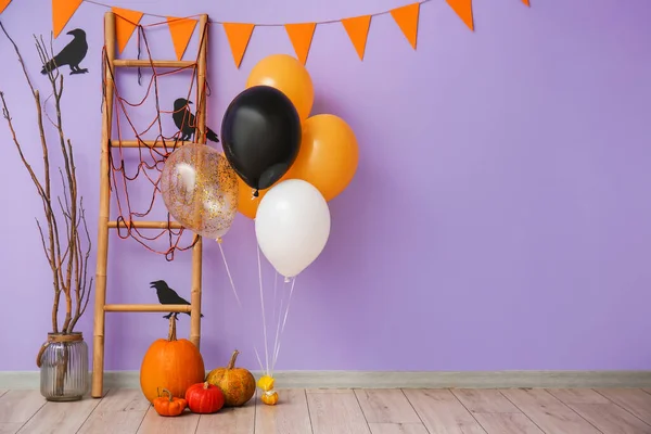 Vase Tree Branches Ladder Pumpkins Halloween Balloons Violet Wall — Stock Photo, Image