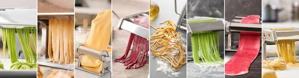 Collage Many Pasta Machines Dough — Stock Photo, Image