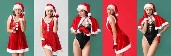 Set Von Sexy Junge Frau Weihnachtsmannkostüm Auf Farbigem Hintergrund — Stockfoto