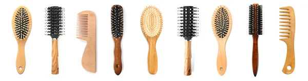 Ensemble Différentes Brosses Cheveux Peignes Isolés Sur Blanc — Photo