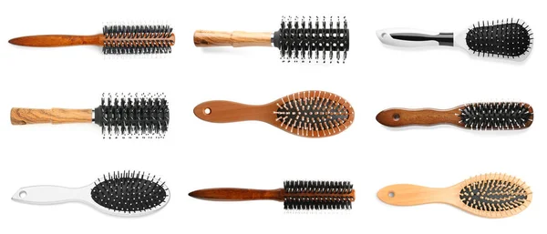 Set Different Hair Brushes Isolated White — Stock Photo, Image