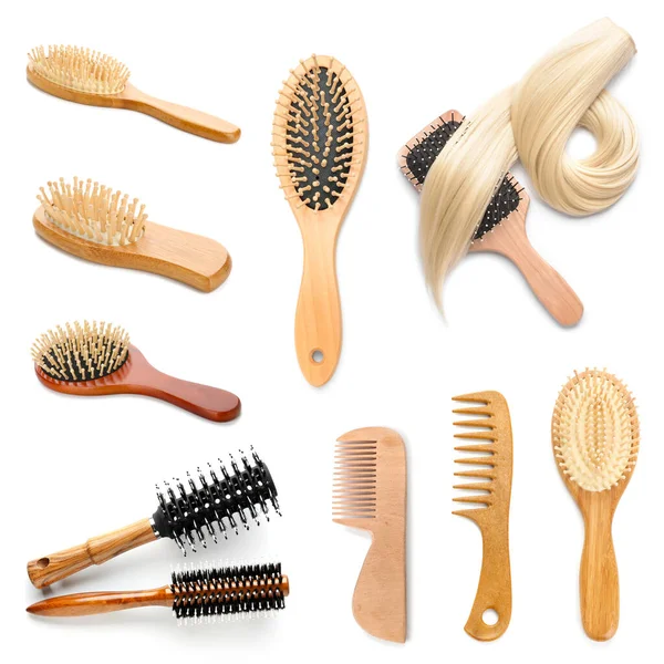 Set Different Hair Brushes Combs Isolated White — Stock Photo, Image