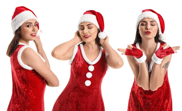 Set Sexy Giovane Donna Costume Babbo Natale Isolato Bianco — Foto Stock