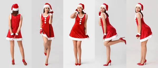 Set Sexy Giovane Donna Costume Babbo Natale Sfondo Chiaro — Foto Stock