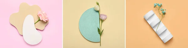 Set Von Podesten Für Kosmetische Produkte Mit Blumen Auf Farbigem — Stockfoto