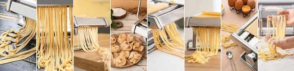Collage Met Veel Pasta Machines Deeg — Stockfoto