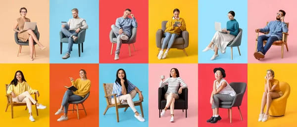 Kolaż Młodych Ludzi Siedzących Wygodnych Fotelach Kolorowym Tle — Zdjęcie stockowe