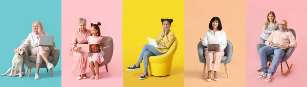 Collage Persone Diverse Sedute Comode Poltrone Sfondo Colore — Foto Stock