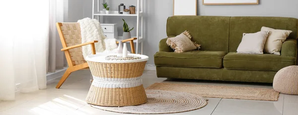 Interior Living Room Rattan Table Armchair Green Sofa — Stock Photo, Image