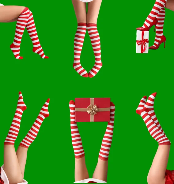 Багато Ніг Сексуальних Молодих Жінок Різдвяних Панчохах Зеленому Тлі — стокове фото