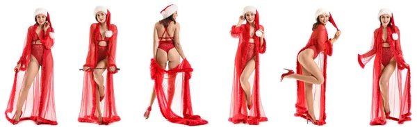 Conjunto Sexy Jovem Mulher Santa Chapéu Roupa Interior Fundo Branco — Fotografia de Stock