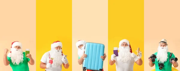 Set Babbo Natale Con Bagagli Accessori Spiaggia Sfondo Colori Concetto — Foto Stock