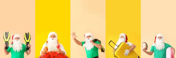 Set Med Santa Claus Med Bagage Och Strandtillbehör Färg Bakgrund — Stockfoto