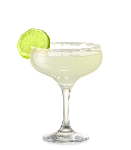 Glass of tasty margarita cocktail on white background
