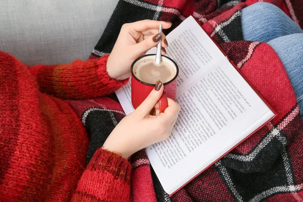 Woman Cup Coffee Reading Book Closeup — Stock Photo, Image