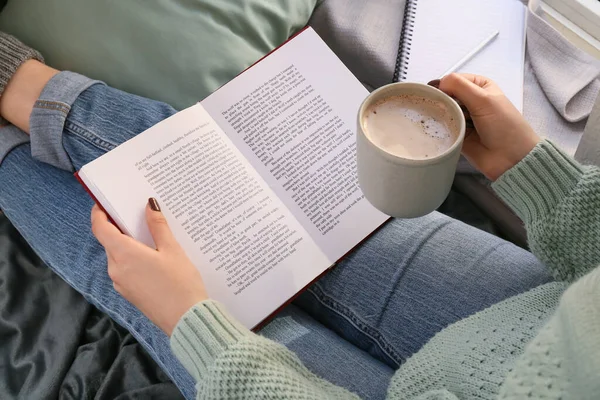 Woman Cup Coffee Reading Book Closeup —  Fotos de Stock