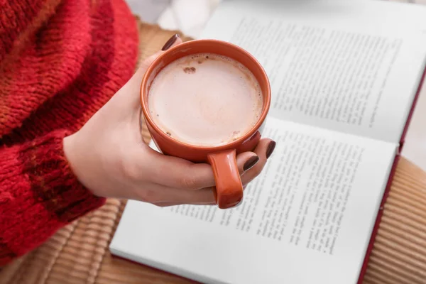 Woman Cup Coffee Reading Book Closeup — Stock Photo, Image