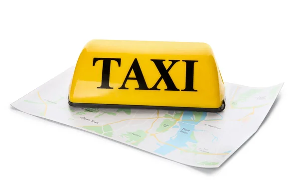 Κίτρινη Πινακίδα Οροφής Ταξί Και Χάρτη Που Απομονώνονται Λευκό Φόντο — Φωτογραφία Αρχείου