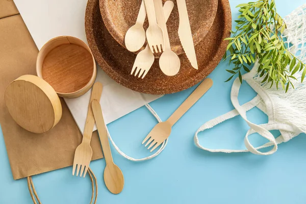 Eco Tableware Different Bags Plant Branch Blue Background — Stock Photo, Image