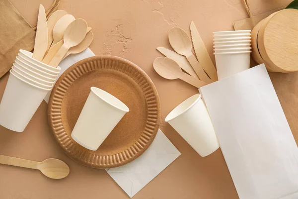 Different Eco Tableware Beige Background — Stock Photo, Image