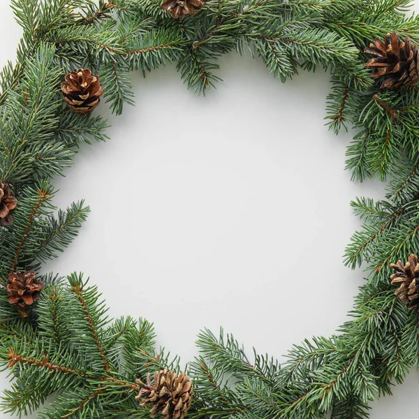 Christmas Wreath Made Fir Branches Pine Cones White Background Closeup — Stock Photo, Image