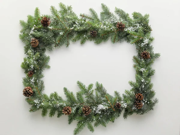 Frame made of fir branches and pine cones on white background