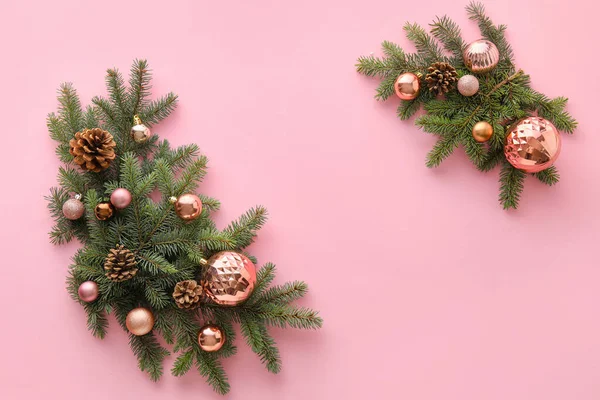 Fir Branches Decorated Christmas Balls Pine Cones Pink Background — Stock Photo, Image