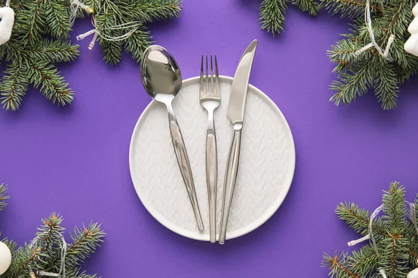 Beautiful Table Setting Fir Branches Color Background — Stock Photo, Image