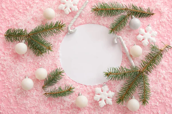 Composition Blank Card Fir Branches Christmas Decorations Snow Pink Background — Stock Photo, Image