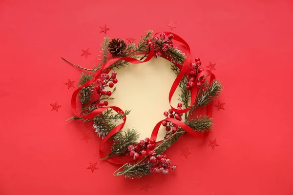 Composition Blank Card Christmas Decorations Red Background — Stock Photo, Image