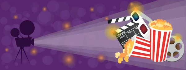 Bannière Avec Pop Corn Applaudisseur Film Bobine Film Lunettes Projecteur — Image vectorielle