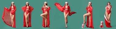 Yeşil arka planda, Noel Baba şapkalı ve iç çamaşırlı seksi bir kadın.