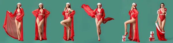 Set Van Sexy Jonge Vrouw Santa Hoed Ondergoed Groene Achtergrond — Stockfoto