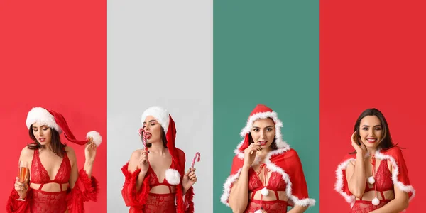 Conjunto Sexy Mujer Joven Traje Santa Lencería Fondo Color — Foto de Stock