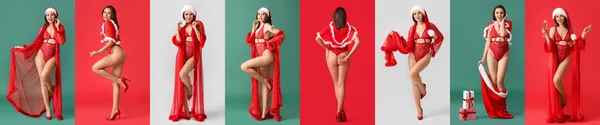Conjunto Jovem Mulher Sexy Traje Santa Lingerie Fundo Cor — Fotografia de Stock