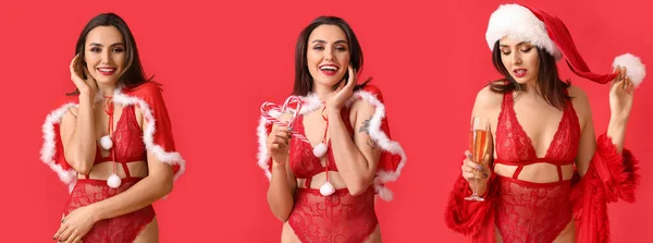 Set Sexy Giovane Donna Costume Babbo Natale Biancheria Intima Sfondo — Foto Stock