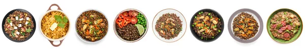 Collage Van Smakelijke Gekookte Gerechten Met Linzen Witte Achtergrond — Stockfoto
