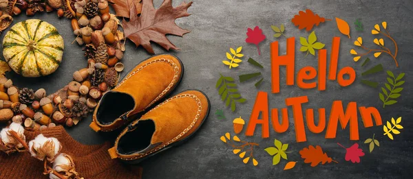 Composição Com Roupas Bebê Sapatos Decoração Natural Texto Hello Autumn — Fotografia de Stock