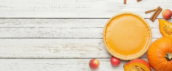 Composition Tasty Pumpkin Pie Wooden Background Space Text Top View — Stock Photo, Image