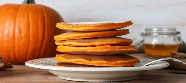 Plate Tasty Pumpkin Pancakes Table — Stock Photo, Image