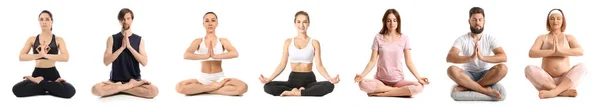 Set Different Meditating People Isolated White — 스톡 사진