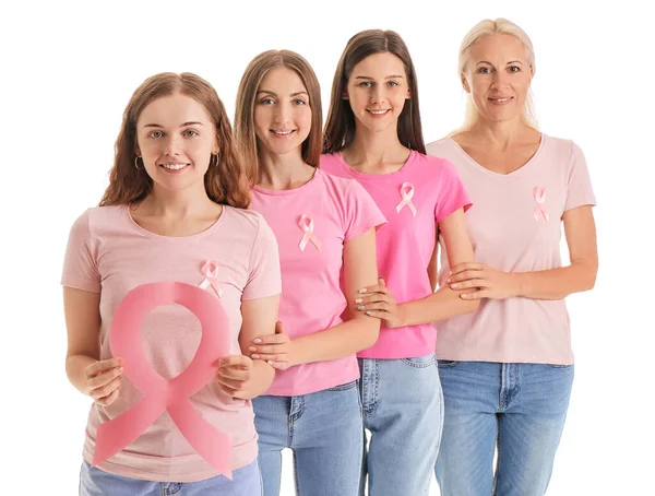 Mulheres Bonitas Com Fitas Consciência Rosa Fundo Branco Conceito Câncer — Fotografia de Stock