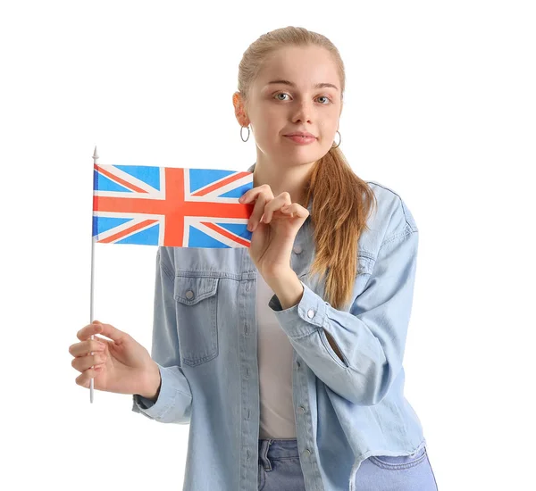 白地に英国の旗を持つ若い女性 — ストック写真