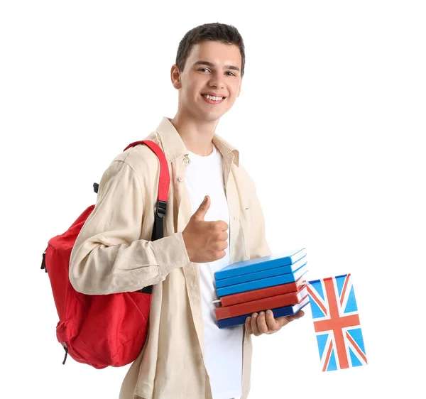 Nastolatek Brytyjską Flagą Książkami Plecakiem Kciukiem Górze Białym Tle — Zdjęcie stockowe