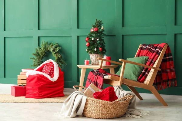 Stylish Interior Modern Living Room Santa Bag Gifts Christmas Tree — Stock Photo, Image