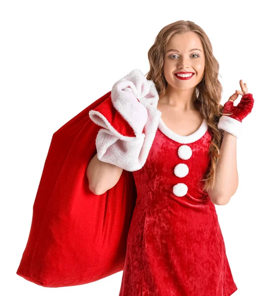 Mooie Jonge Vrouw Santa Kostuum Met Tas Witte Achtergrond — Stockfoto