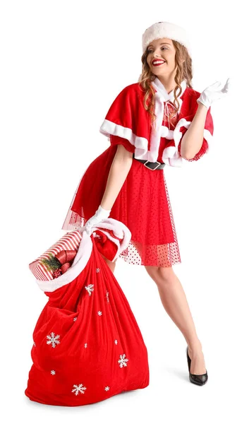 Young Woman Santa Costume Bag White Background — Stock Photo, Image