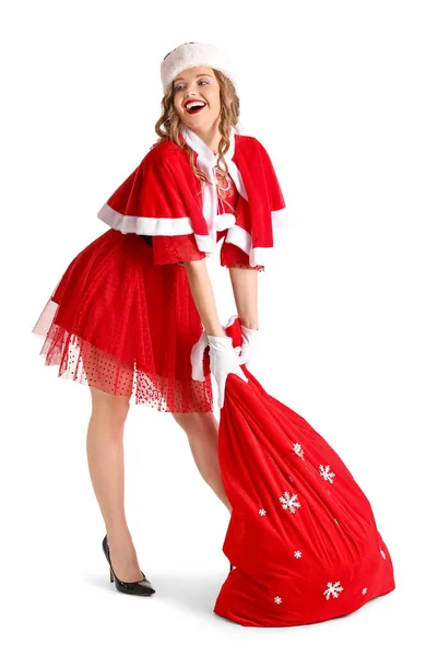 Jeune Femme Costume Père Noël Avec Sac Sur Fond Blanc — Photo