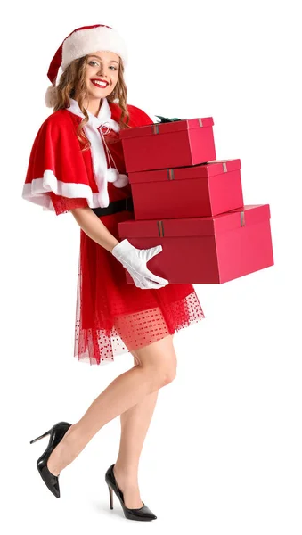 Young Woman Santa Costume Gift Boxes White Background — Stock Photo, Image